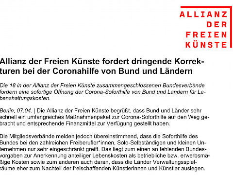 Stellungnahme der Allianz der Freien Künste zur Corona-Soforthilfe