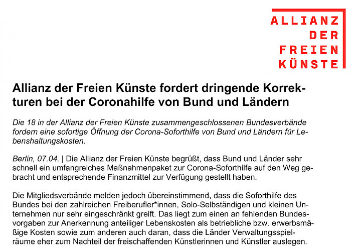 Stellungnahme der Allianz der Freien Künste zur Corona-Soforthilfe