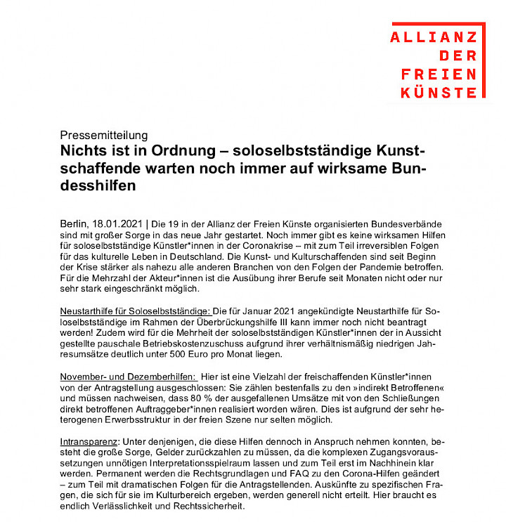 Nichts ist in Ordnung – soloselbstständige Kunstschaffende warten noch immer auf wirksame Bundesshilfen